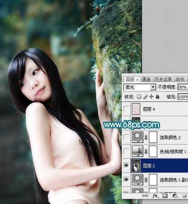 Photoshop调色教程 外景人物照片青绿色调成暗灰青色调