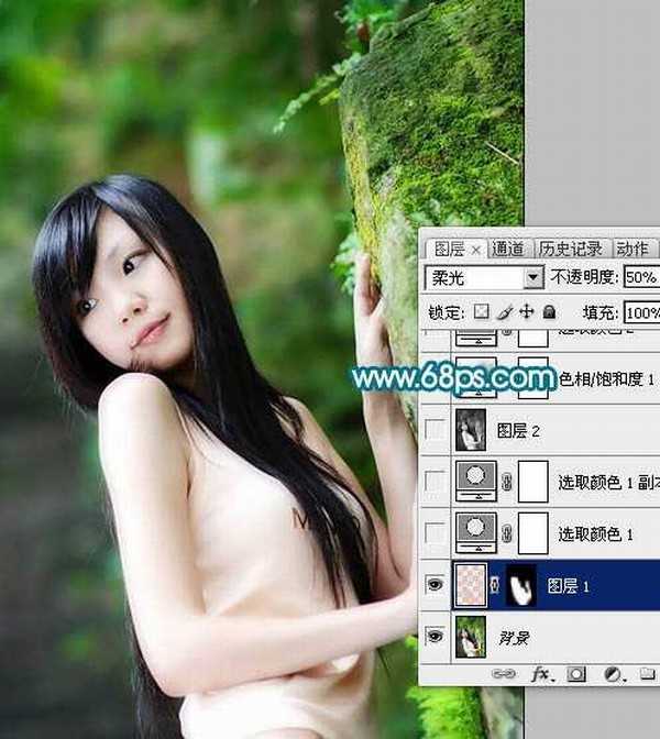 Photoshop调色教程 外景人物照片青绿色调成暗灰青色调