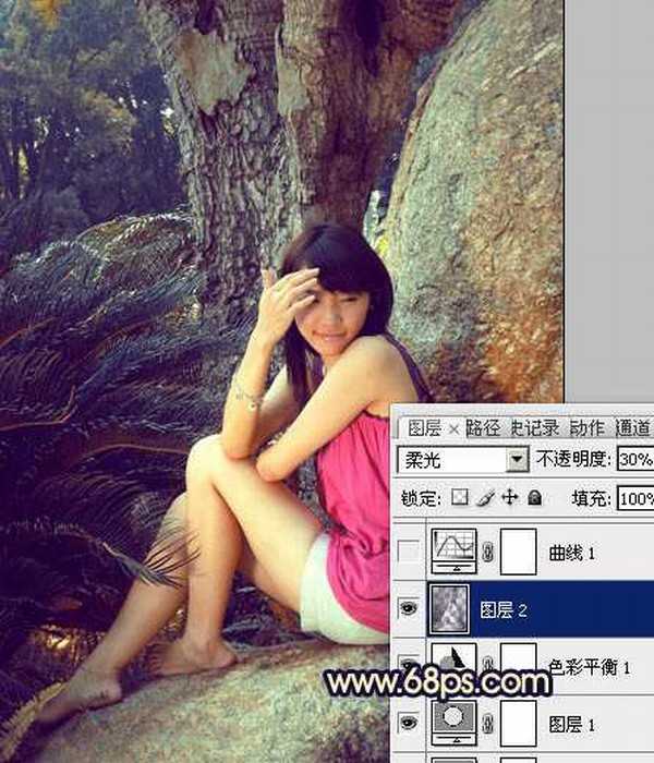 Photoshop将给公园美女图片添加上柔和的蓝黄色效果