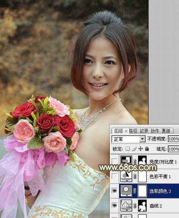 Photoshop将美女婚片调出柔美的秋季黄褐色效果