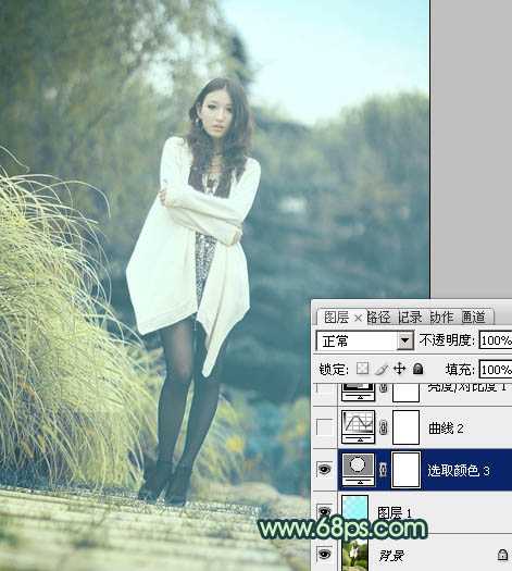 Photoshop给为绿荫中的人物图片调制出韩系淡青色效果