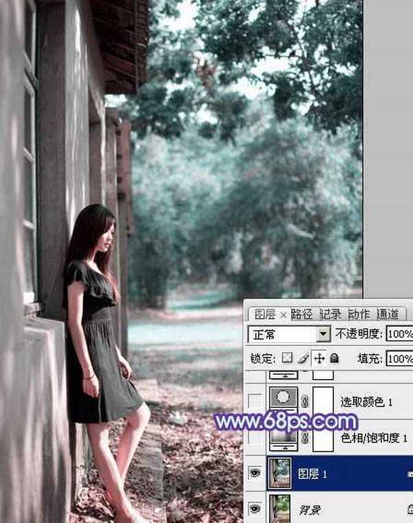 photoshop利用通道替换将房檐下美女图片增加上柔和的蓝色效果