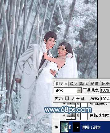 Photoshop为竹林婚片调制出梦幻复古的淡调青蓝色