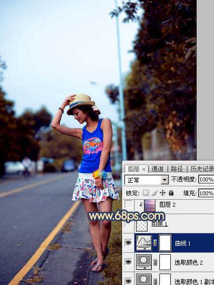 Photoshop调出昏暗的霞光公路上的美女图片