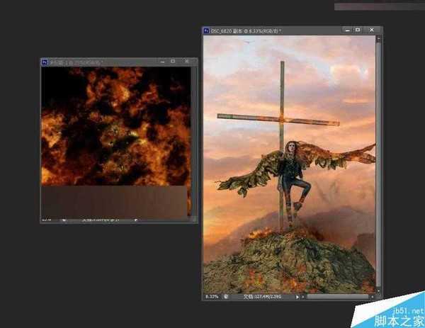 Photoshop给十字架上天使照片添加火焰燃烧的特效